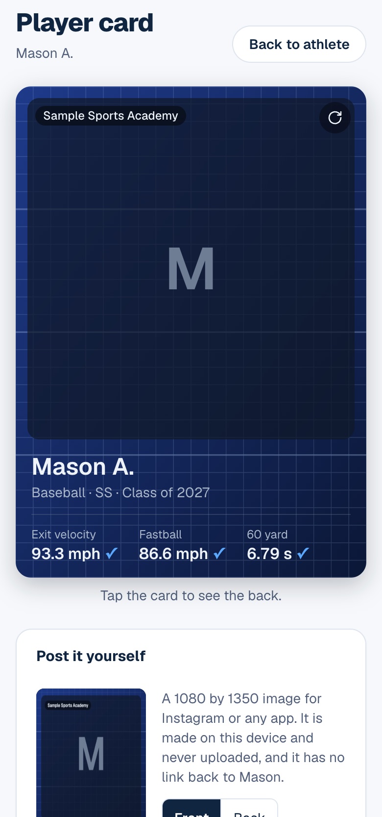Player card in the demo: the program's name, the athlete's first name and last initial, and three checked numbers