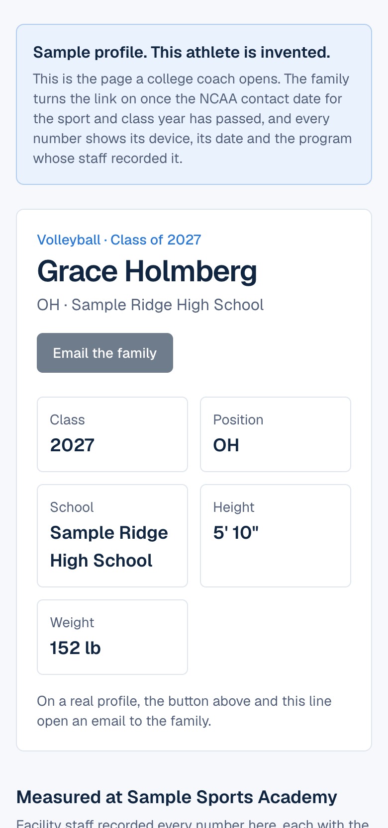 Sample volleyball profile on a phone: the sample notice, then class, position, school, height and weight